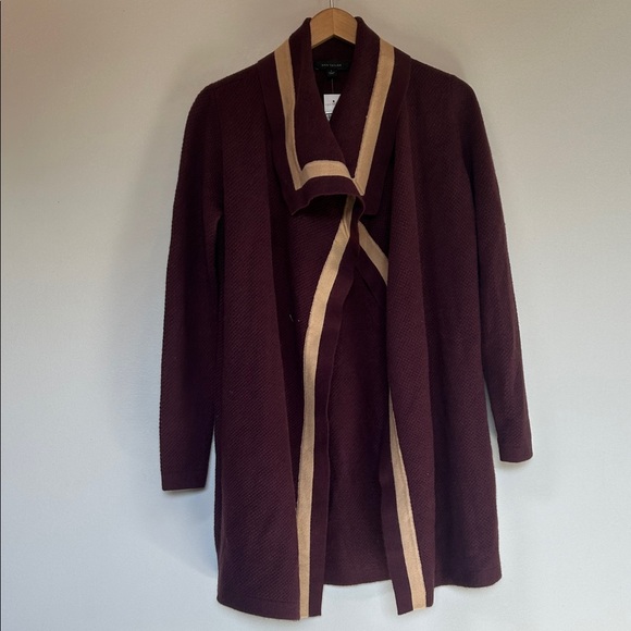 Ann Taylor Sweaters - Ann Taylor Maroon Soft Warm Striped Cascading Open Front Long Cardigan small